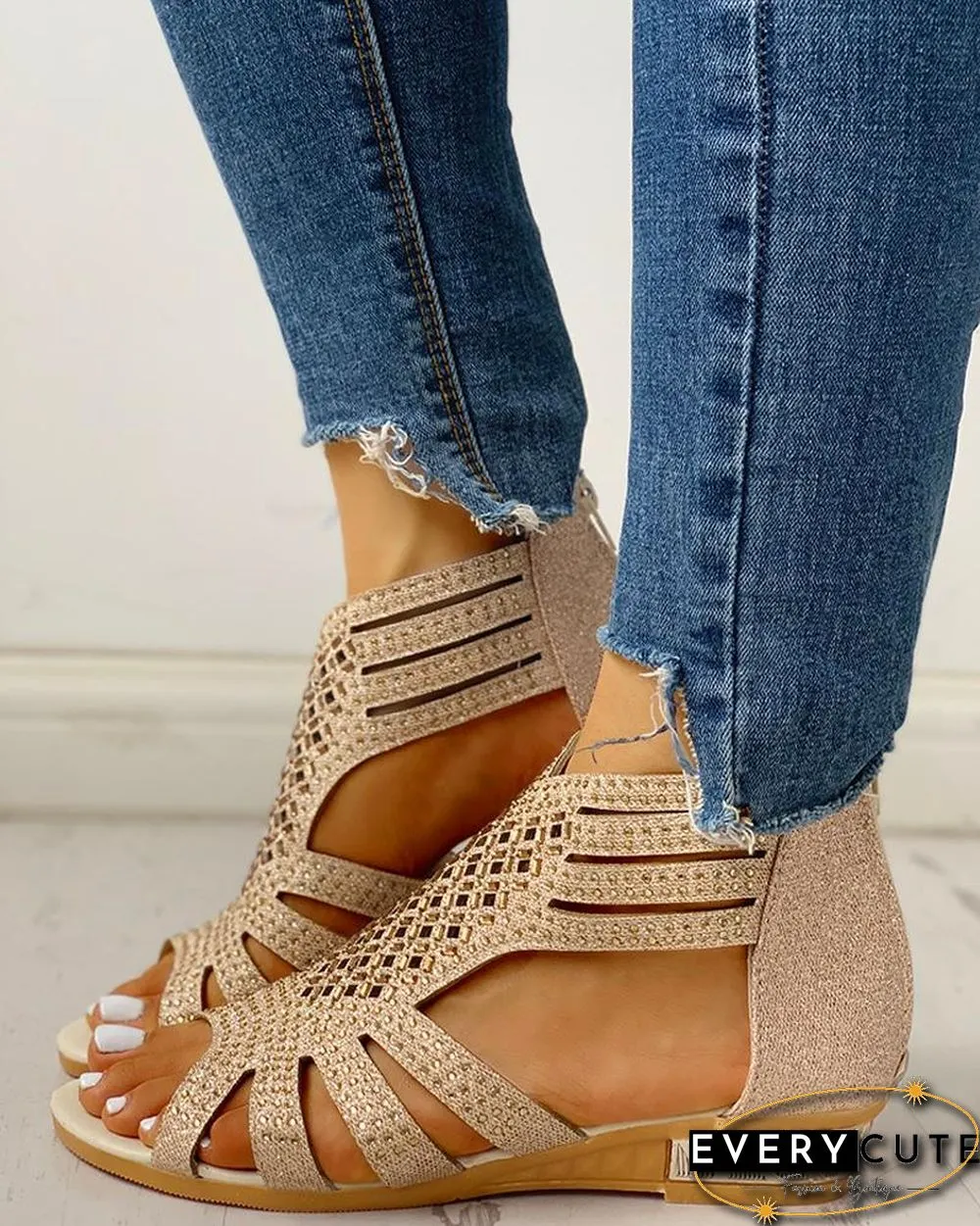 Studded Hollow Out Flat Sandals