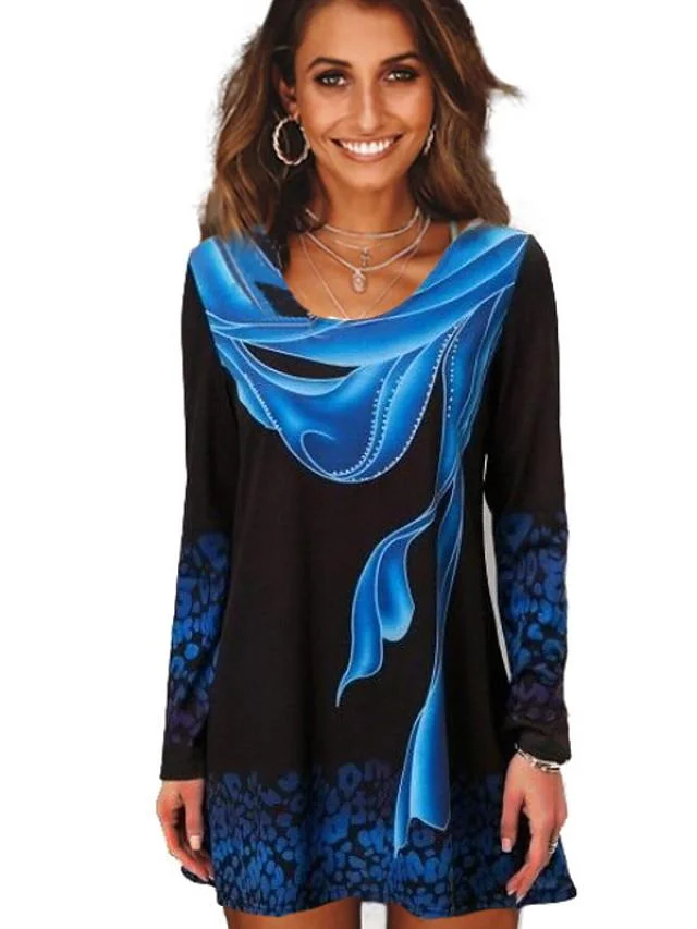 Women's T-shirt Geometric Long Sleeve Round Neck Tops Basic Top Blue Red Green-0207805