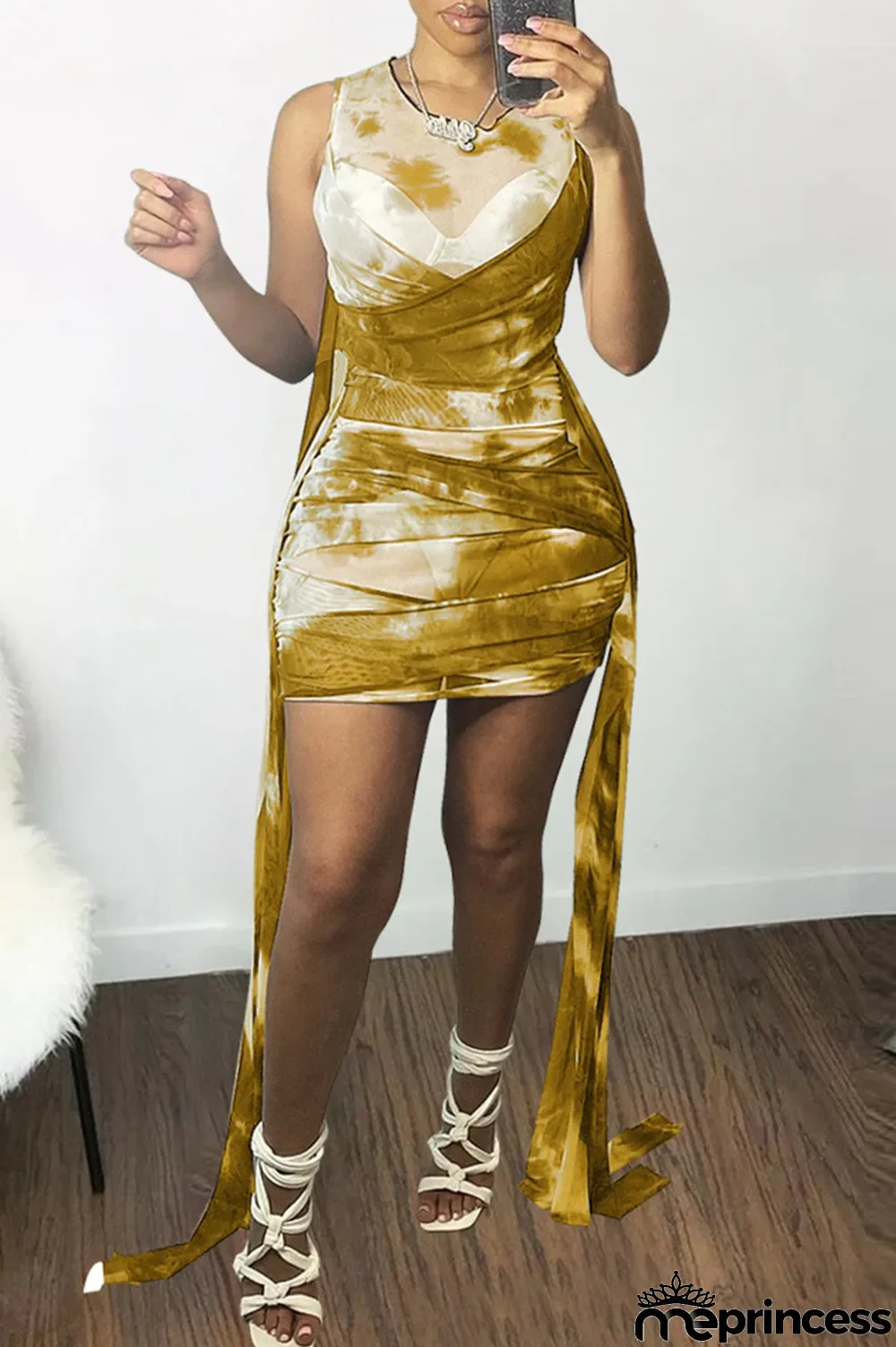 Yellow Fashion Sexy Print Tie Dye Draw String Frenulum O Neck Vest Dress