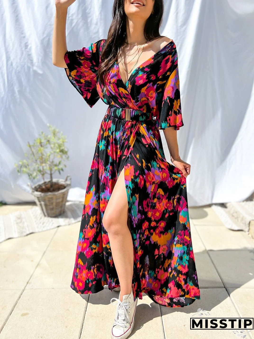 V-neck belt print dress long dress