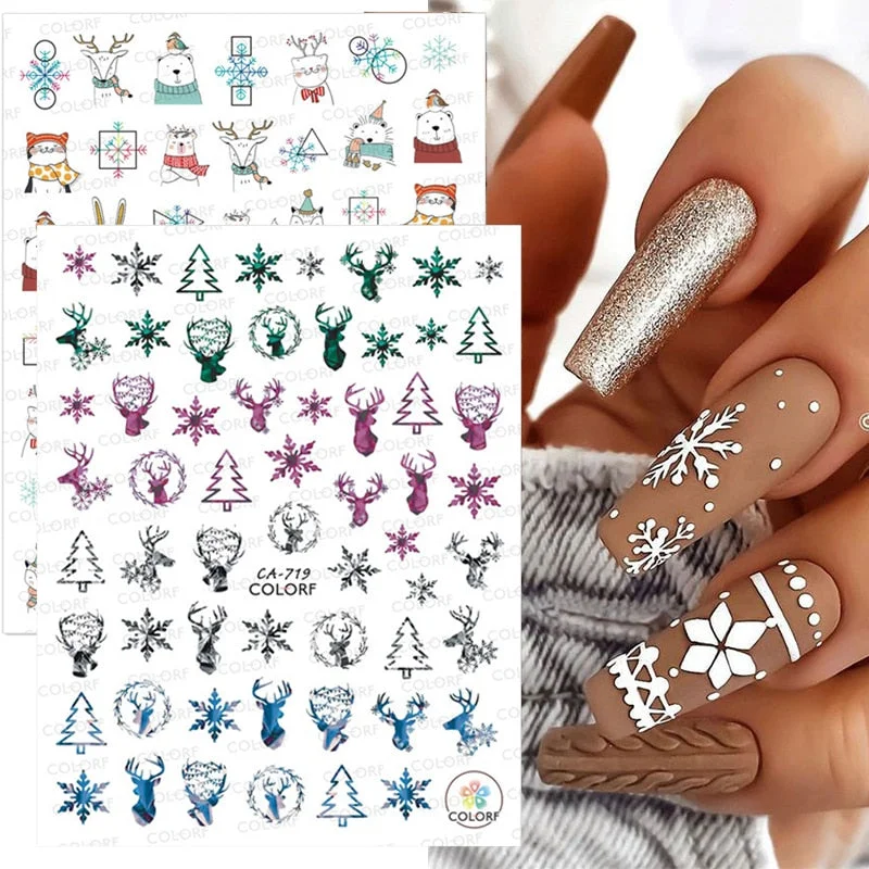 Winter Xmas 3D Nail Sticker Christmas Elk Santa Snowflake Rabbit Cartoon Slider Design Polish Nails Decals Nail Art DIY Decor-Nail Inspo