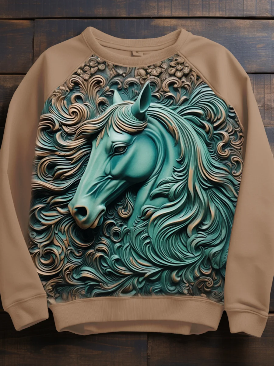 Retro Horse Art Round Neck Print Sweatshirt