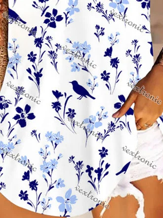 Women's Blue Scoop Neck Sleeveless Floral Printed Tops