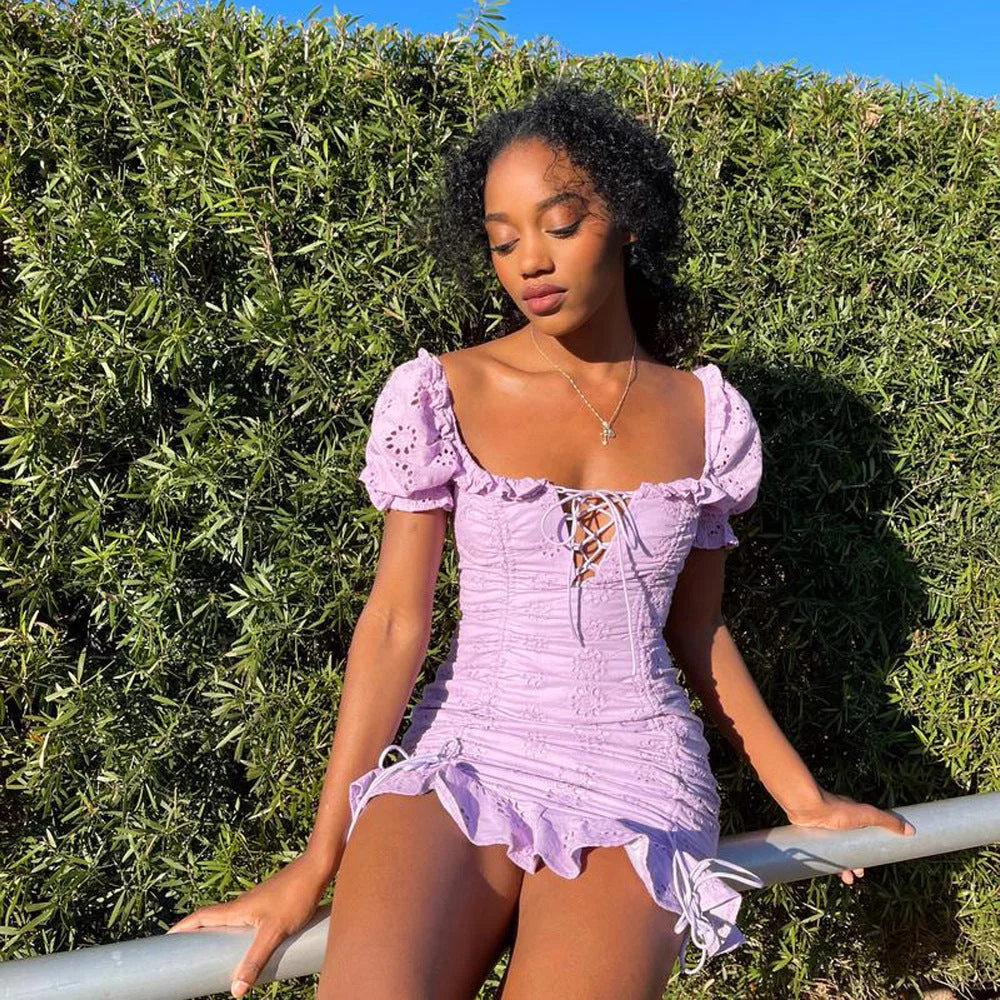 Back to school  Summer Lace Dress For Women Vintage Y2k Solid Hollow Out Lace Up Bodycon Dress Casual Drawstring Ruffles Party Evening Dress