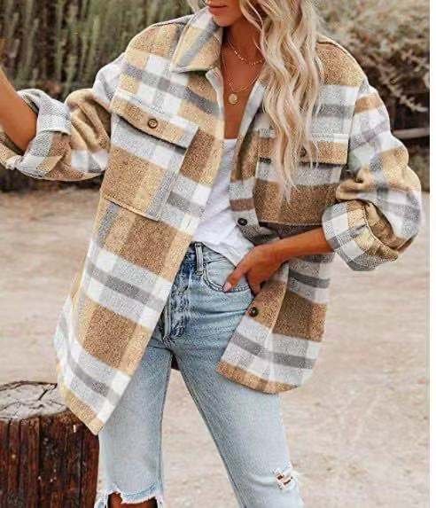 Lapel Women's Long-sleeved Loose Plaid Shirt Woolen Coat