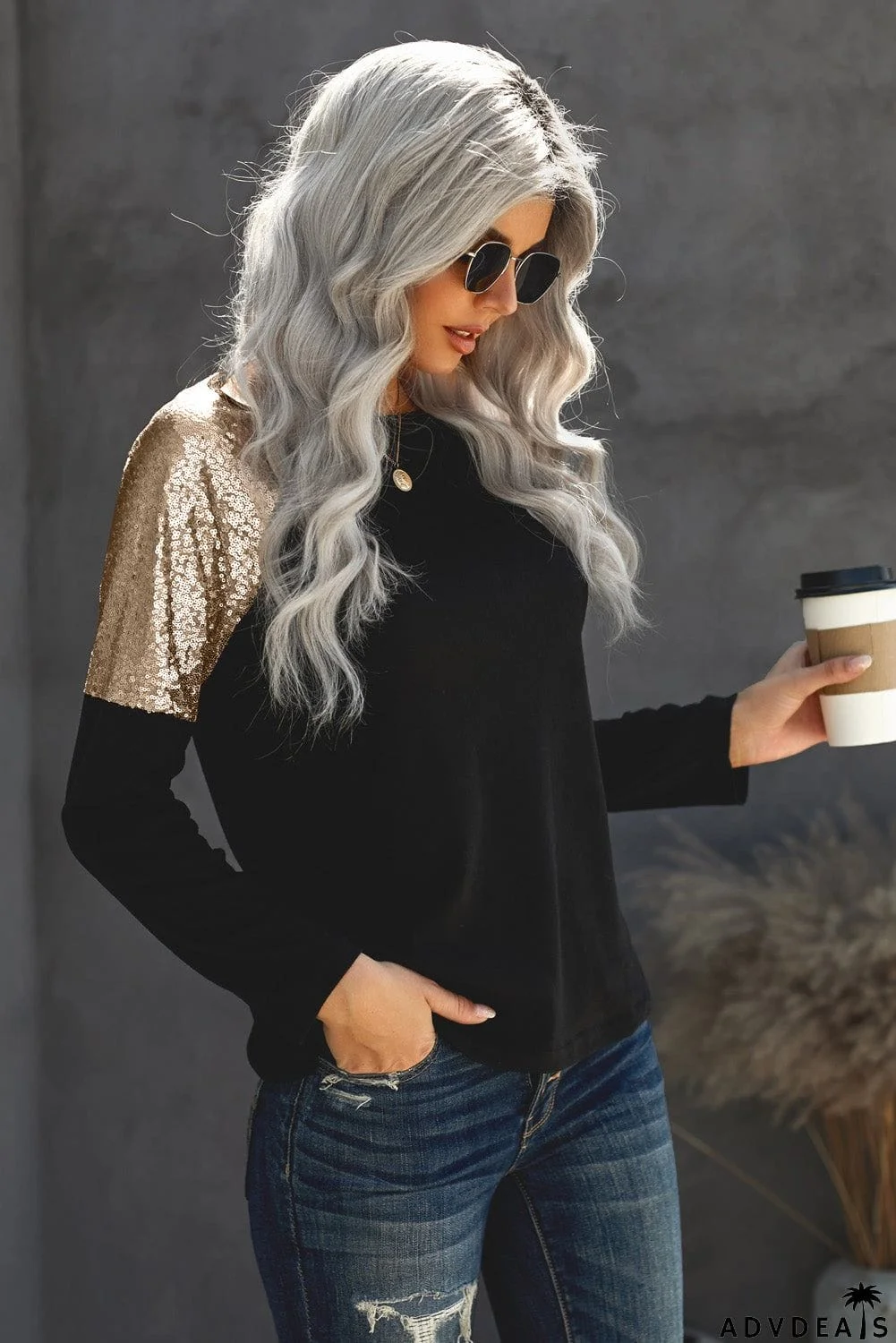 Sequin Shoulder Long Sleeve Top