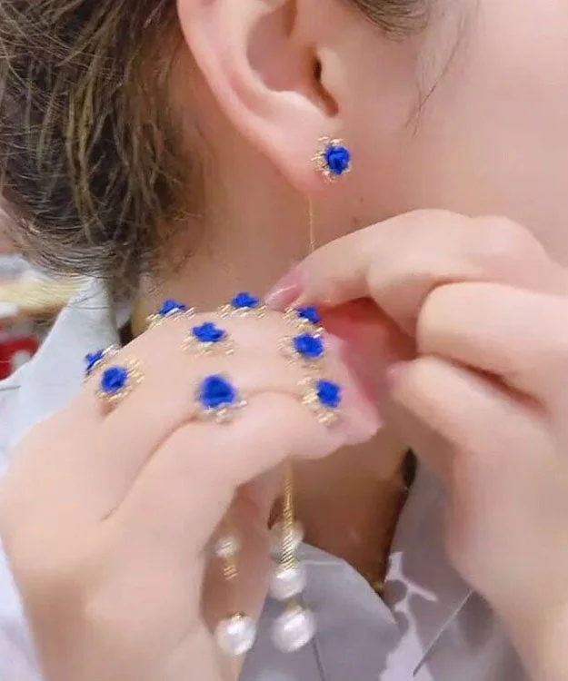 Chic Blue Alloy Zircon Pearl Floral Tassel Drop Earrings