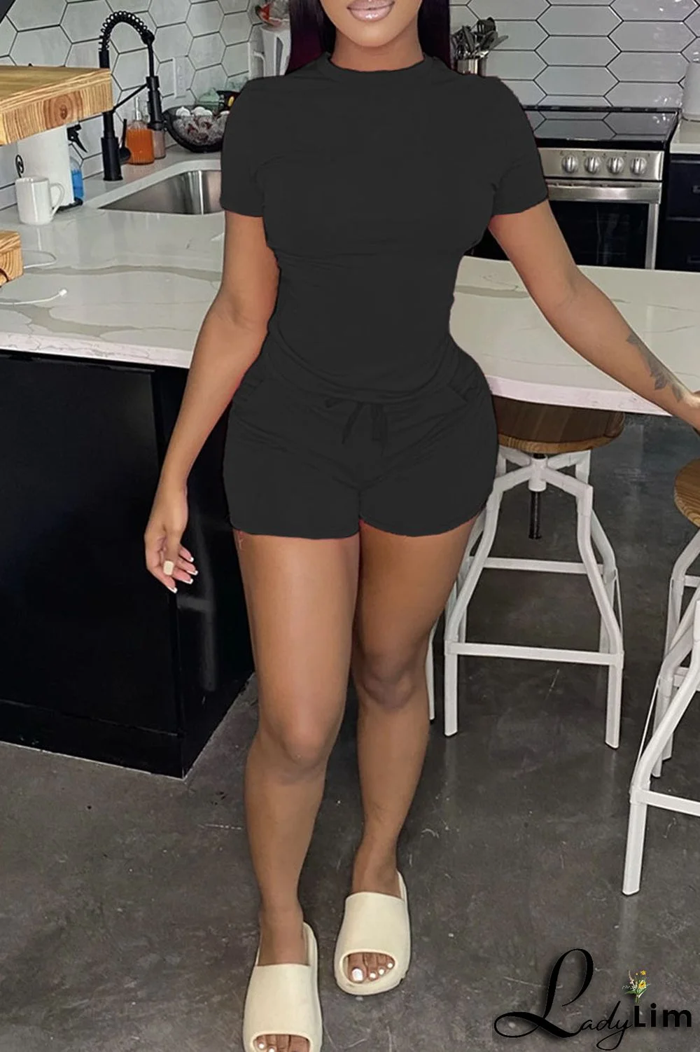 Green Casual Solid Patchwork O Neck Short Sleeve Two Pieces