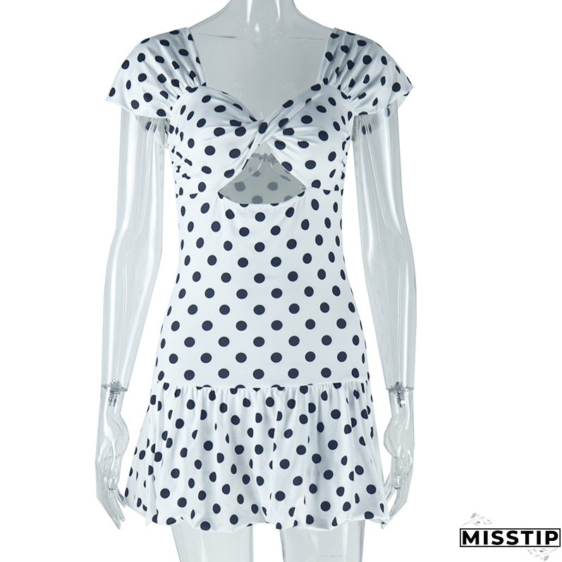 Women's fashion polka dot print sexy hollow off-shoulder short-sleeved casual bubble dress