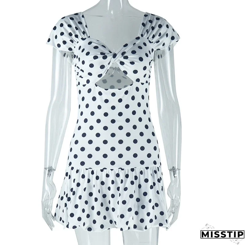 Women's fashion polka dot print sexy hollow off-shoulder short-sleeved casual bubble dress