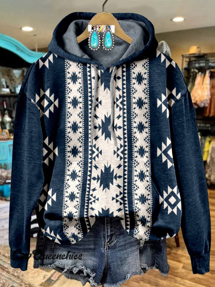 Blue Aztac Print Casual Hoodie Sweatshirt Multicolor / S