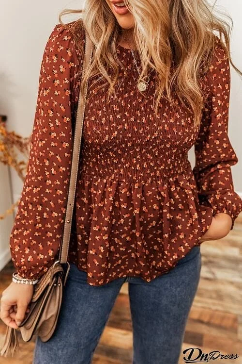 Floral Smocked Ruffle Hem Long Sleeve Blouse