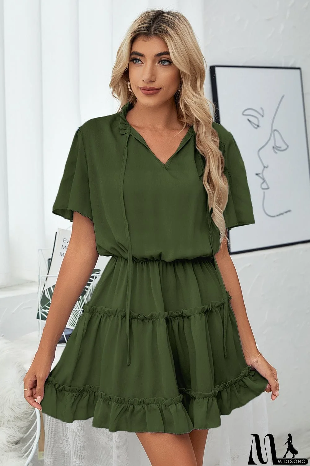 MidiSono - Tie Neck Frill Trim Short Sleeve Mini Dress