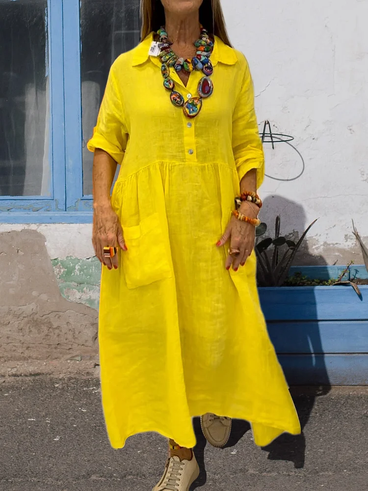 Womens Pocket Lapel Cotton Dress