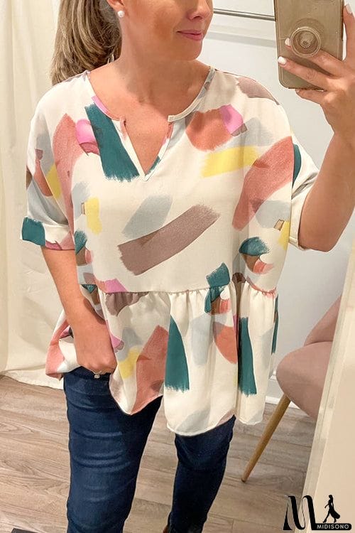 MidiSono - Print Cuffed Sleeves Peplum Blouse