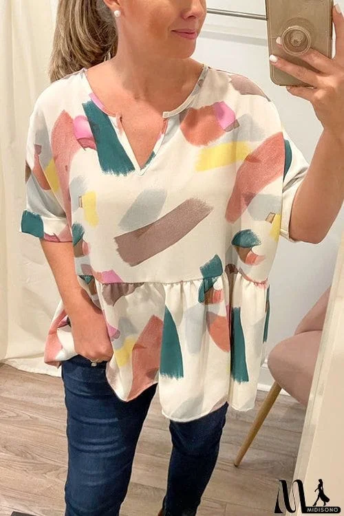 MidiSono - Print Cuffed Sleeves Peplum Blouse