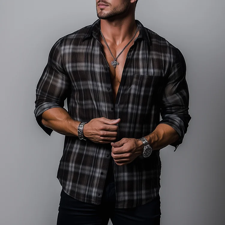 Okaywear Chiffon Wrinkled Plaid Print Slightly See-Through Button Shirt Okaywear