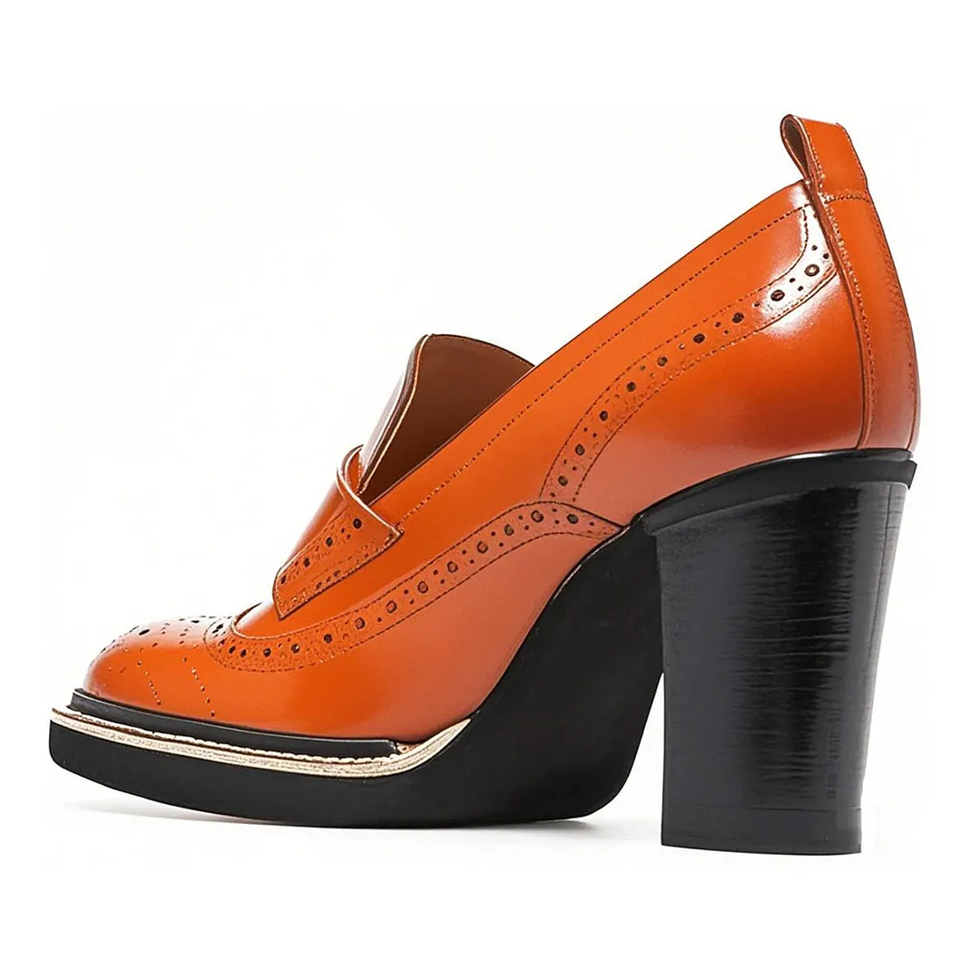 Classic Brogue Style Chunky Heel Loafer Shoes Women in Orange