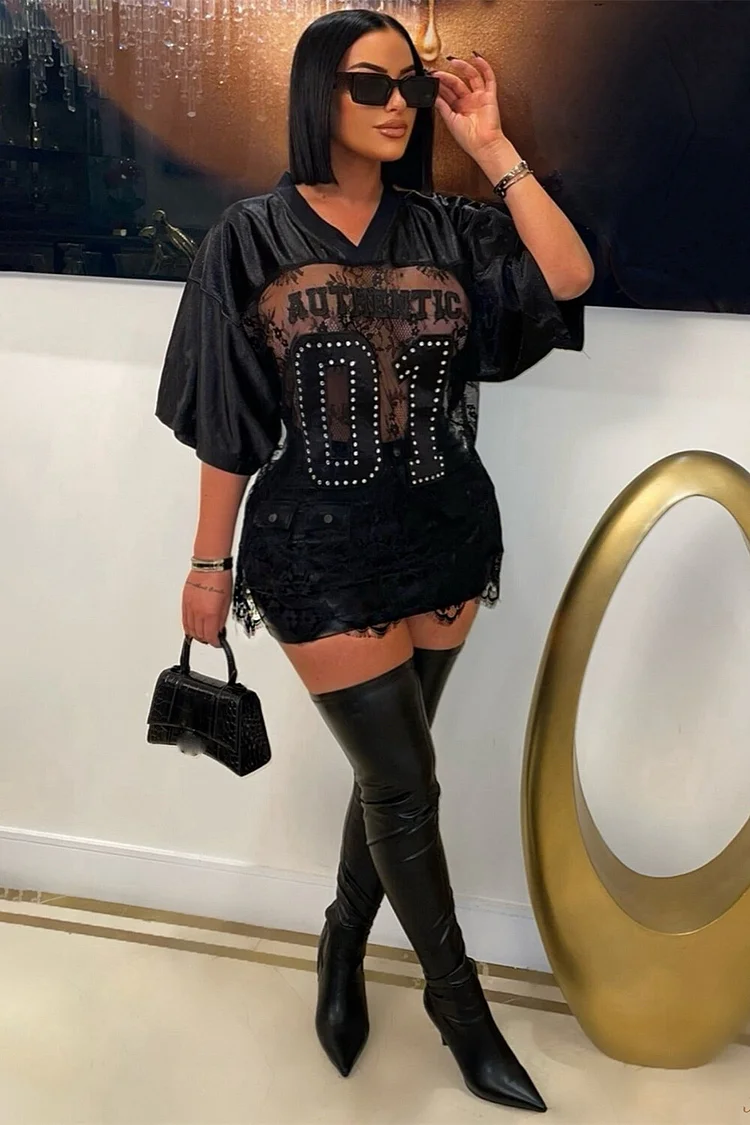 Number Letter Appliques V Neck Half Sleeve Lace Patchwork Top-White
