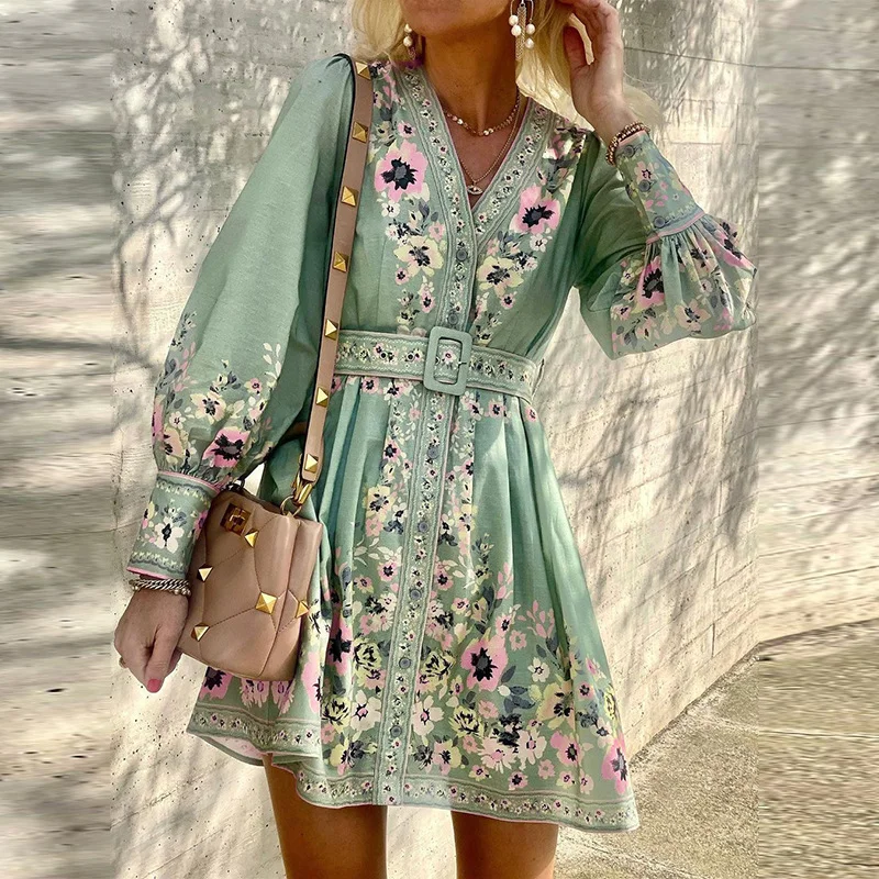 Plus Size Skater Floral V-Neckline Casual Tassel Plus Dress