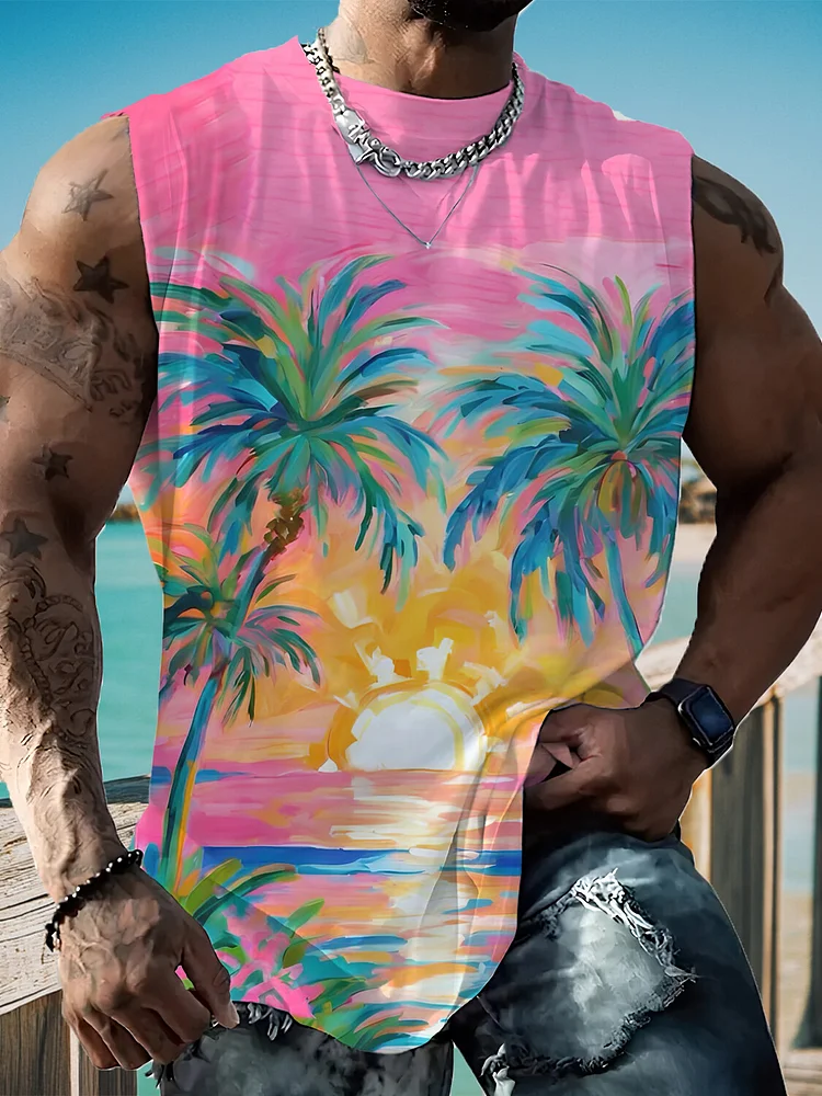 Men's Sunshine Sea Tropical Trees Vacation Art Printed Tank Top