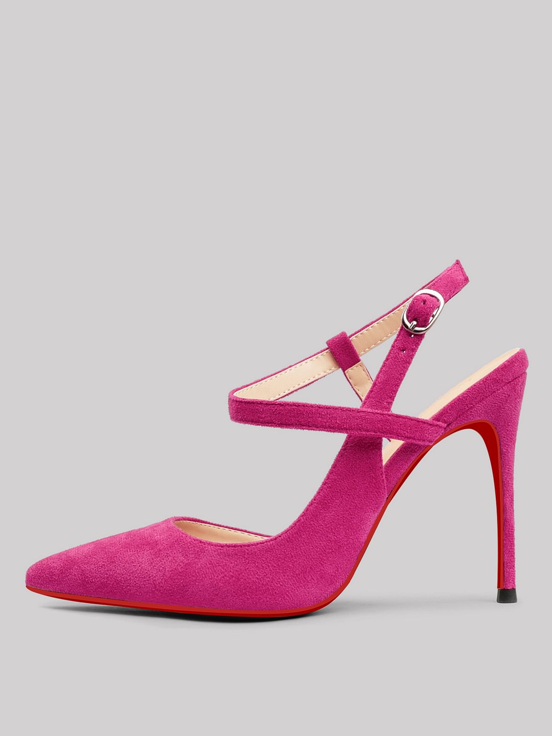 100mm Women's Slingback Pumps Ankle Strap Jenlove Stiletto Mid Heel Close Pointed Toe Dress Red Bottoms Suede Shoes