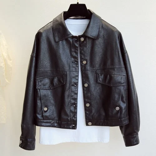 FTLZZ Spring Autumn New Women Faux Leather Jacket Single Breasted Short Loose PU Leather Coat Female Moto Biker Street Outerwear