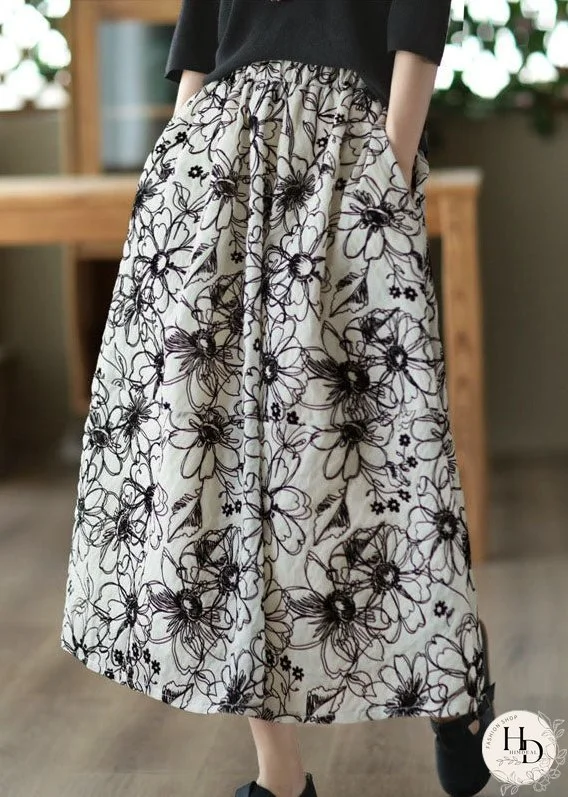 Women Beige Wrinkled Embroideried Linen Skirt Summer