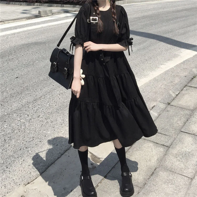 Dress Women O-Neck Black Summer Strap Midi Dresses Japanese Harajuku Streetwear Loose Lace Up BF Cool Ins Popular Elegant Casual