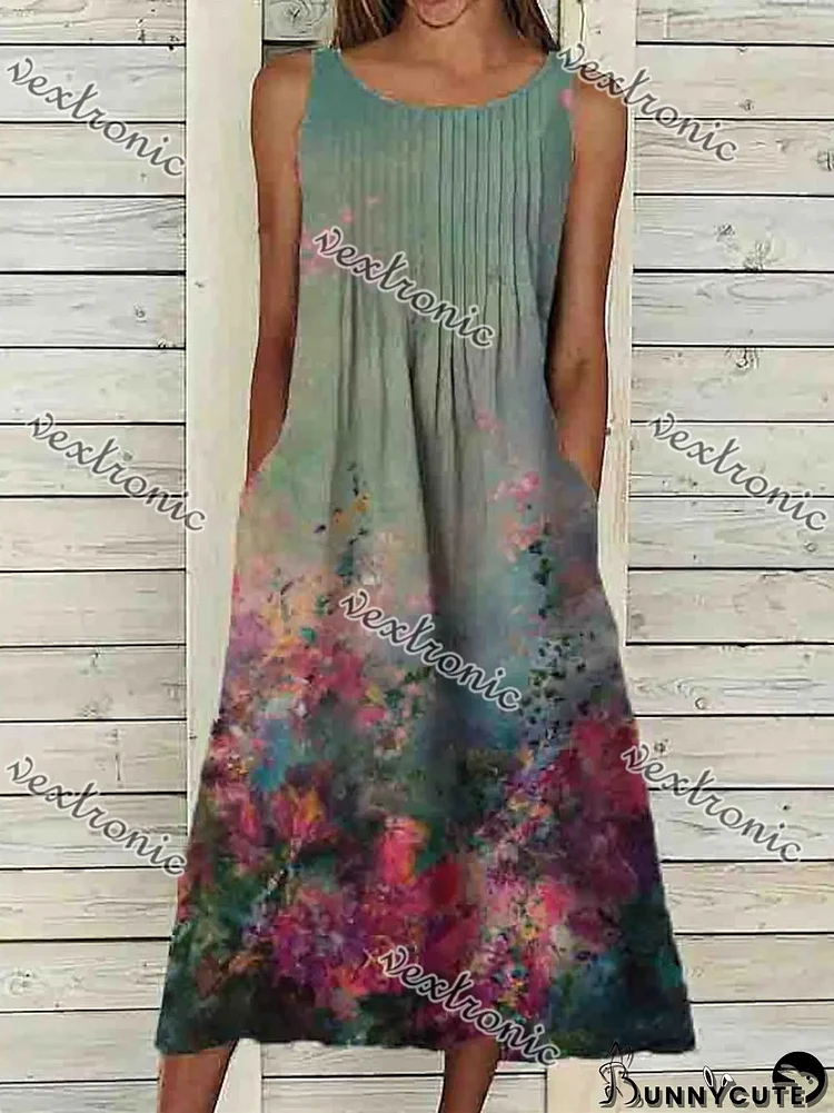 Women's Green Sleeveless Scoop Neck Graphic Floral Printed Midi Dress