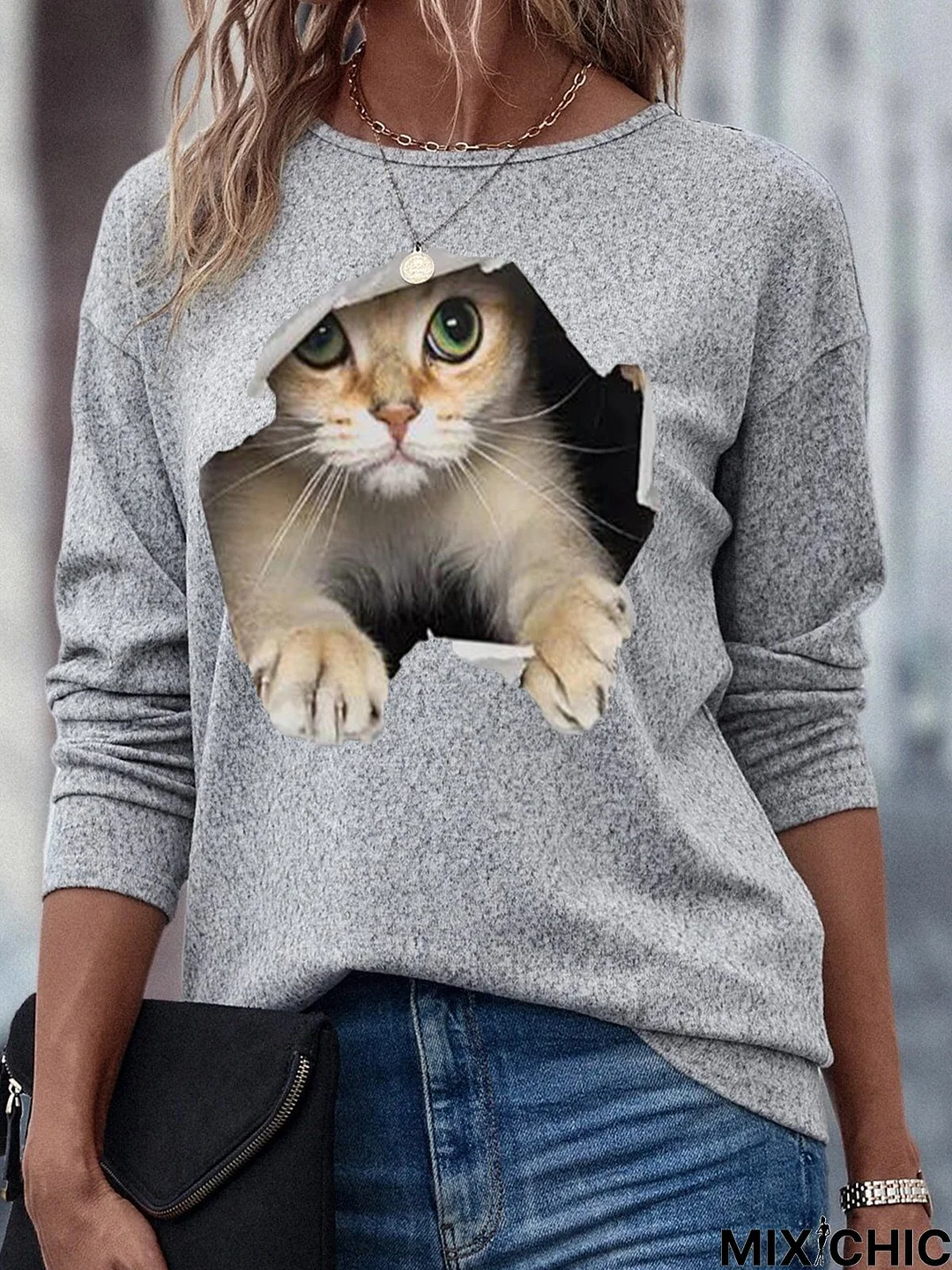 Cat Graphic Cute Funny Animal Printed Crew Neck T-shirt