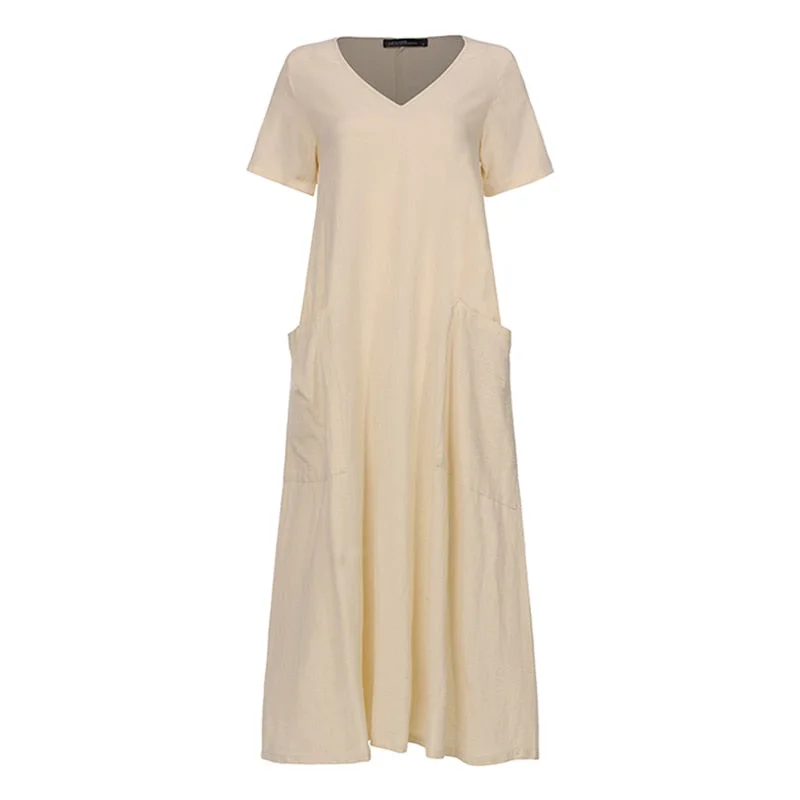 Vintage Solid Maxi Dress Womens Summer Sundress ZANZEA 2022 Short Sleeve Cotton Linen Vestidos Female V Neck Robe