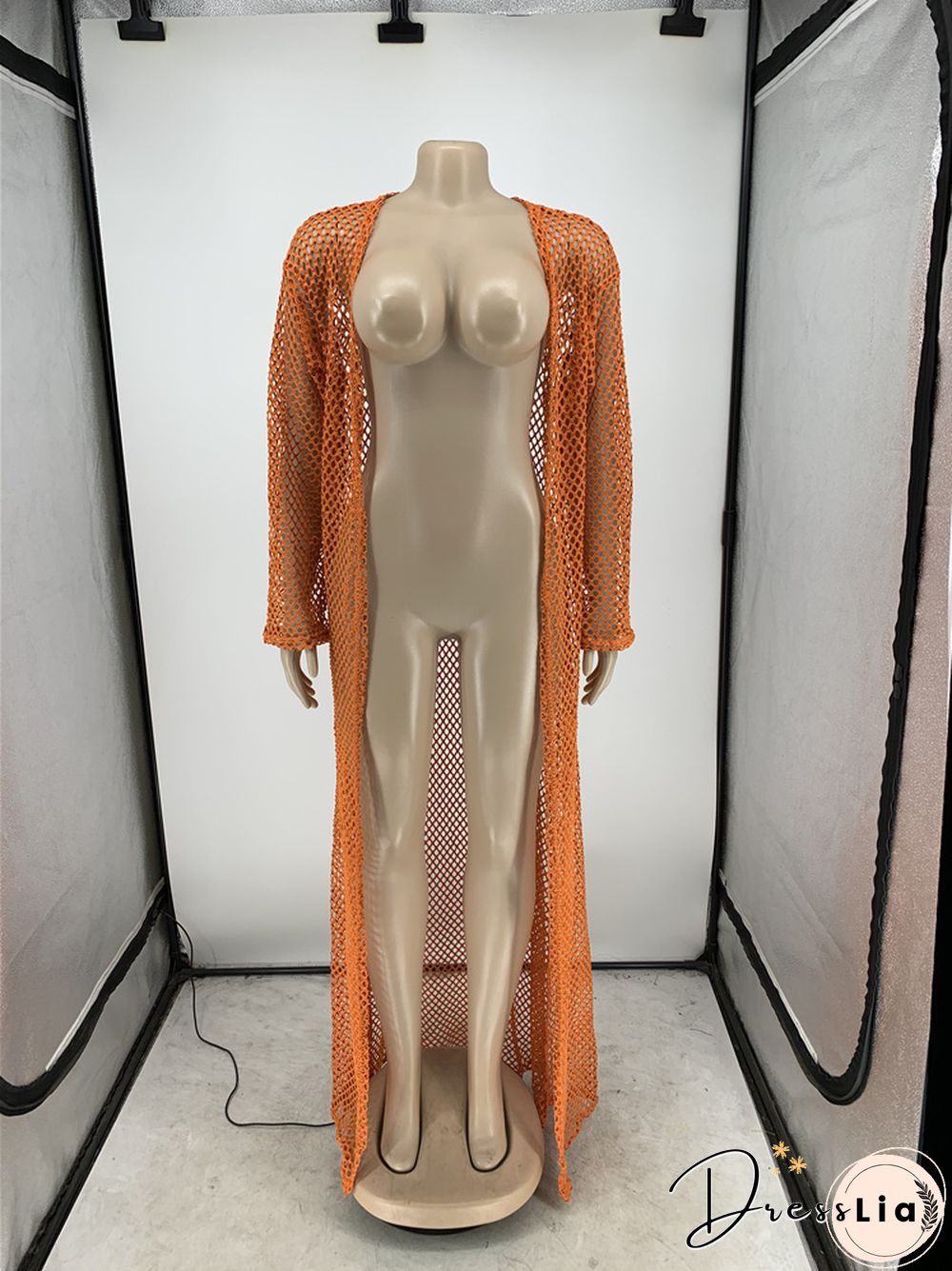 Beachwear Long Sleeve Mesh Grid Cardigan Cover-ups