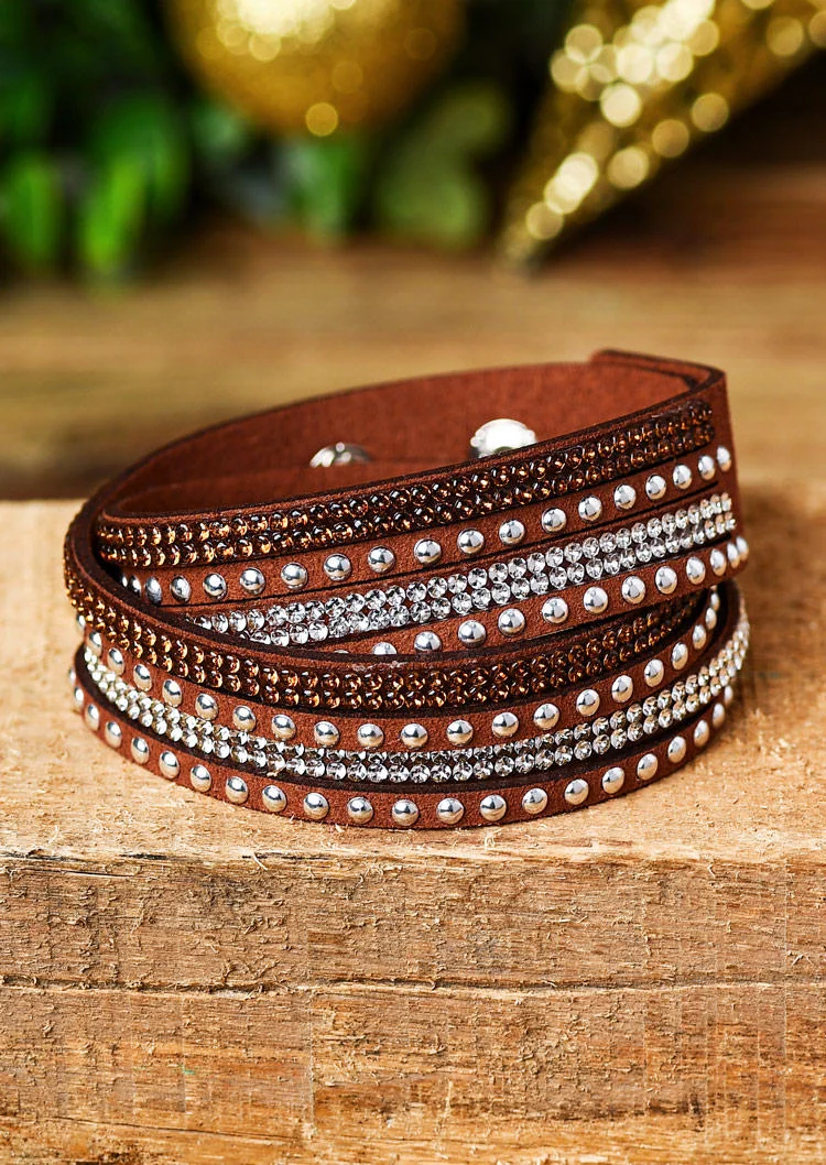 Rivet Rhinestone Multi-Layered Leather Bracelet socialshop