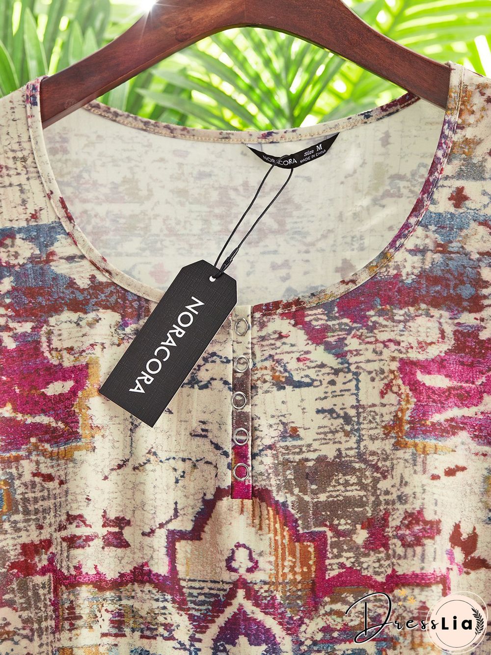 Ethnic Short Sleeve Buttoned Crew Neck Plus Size Casual T-Shirt