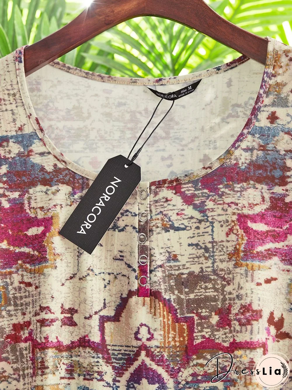 Ethnic Short Sleeve Buttoned Crew Neck Plus Size Casual T-Shirt