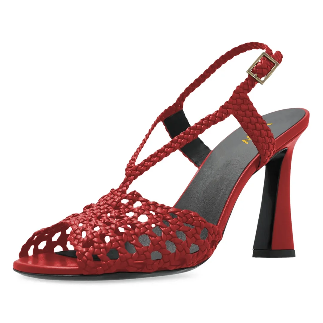 Peep Toe Braided Cut-Out Red Buckled Flared High Heels Sandals