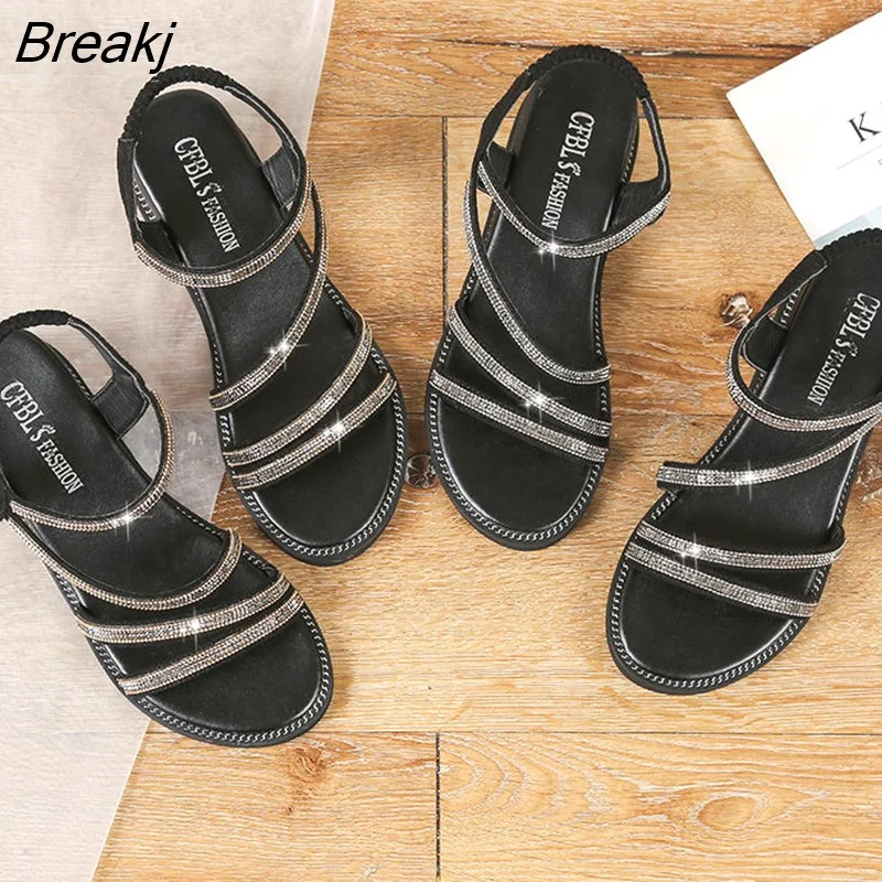 Breakj Comfortable Wedge Heel Roman Casual Sandals Summer Fashion Women's Elastic Band Sequin Sandals