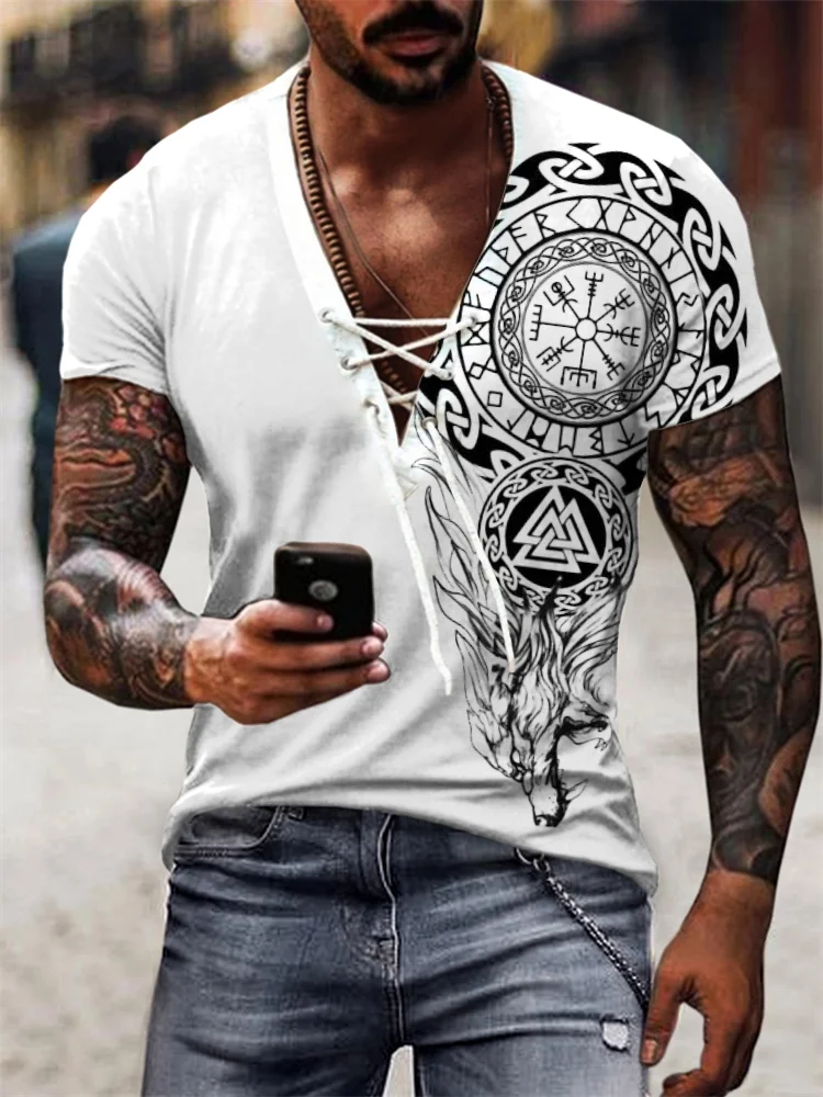 Men's Viking Vegvisir Roaring Wolf Lace Up T Shirt