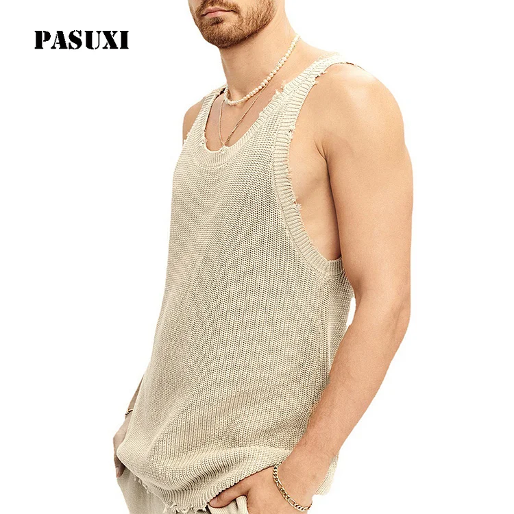 PASUXI Wholesale Men's Knitted Sleeveless Vest with Suspenders Loose Fit Casual Muscle Tank Top huanwei