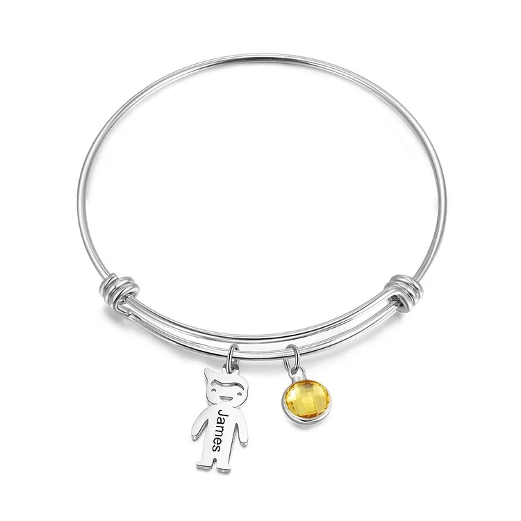 Personalised Kid Charms Bangle Bracelet With Names Customised 1 Birthstone Gift for Her