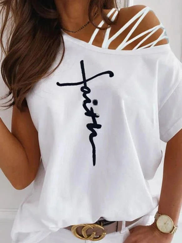 Casual Shirt Off Shoulder Straight Letters