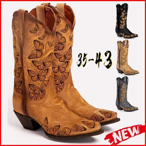 Women's Rustic Tan Embroidered Butterfly Cowgirl Boots Western Boots Womens Retro Knee High Boots Handmade Leather Cowboy Boots - Shop Trendy Women's Fashion | TeeYours