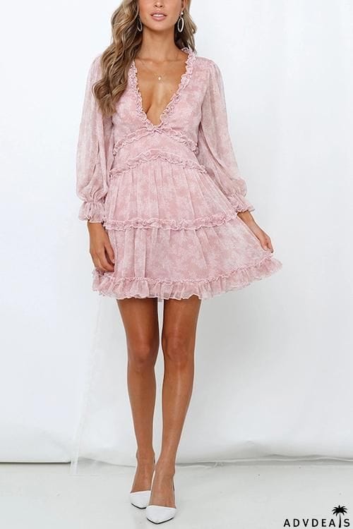 Print V Neck Backless Mini Dress