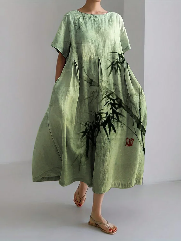 Comstylish Bamboo Forest Full Moon Japanese Art Linen Blend Maxi Dress