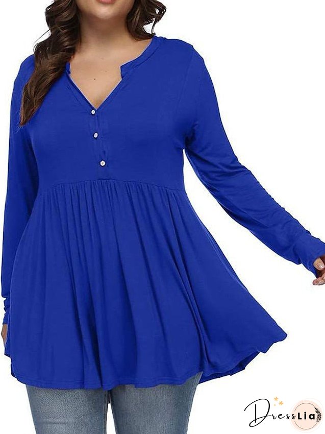 T shirt Tee Light Blue claret Deep Purple Plain Button Flowing tunic Long Sleeve Daily Weekend Basic V Neck Long Plus Size L for Women