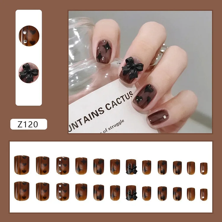 24pcs Detachable False Nails Lattice Cross Color Short Fake Nails with Designs Bow Flower Decal Square Level Nail Tips