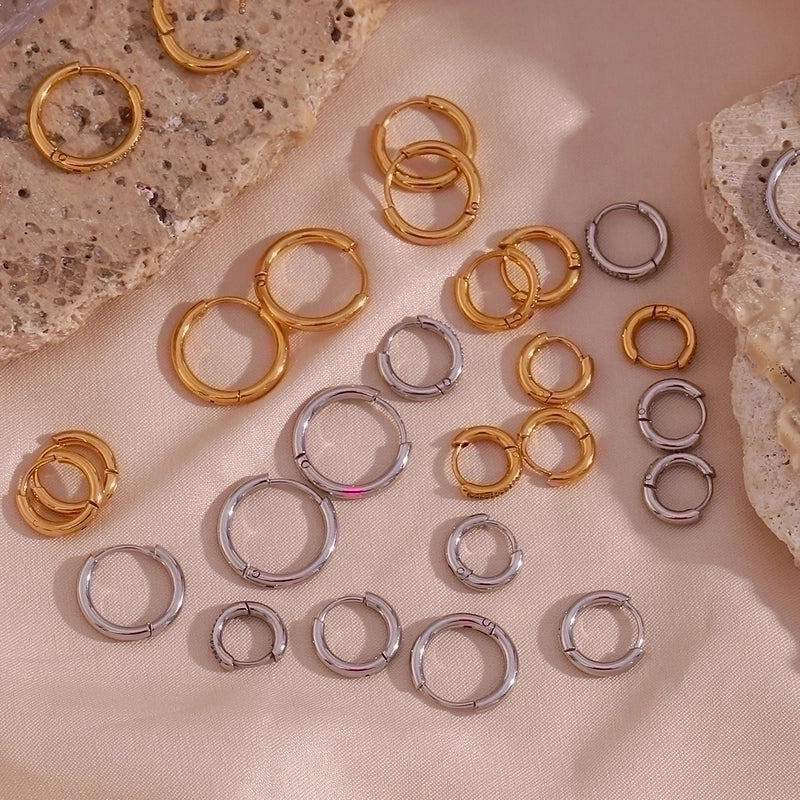 1 Pair Minimalist Round Solid Color Plating Inlay 304 Stainless Steel Zircon 18K Gold Plated Hoop Earrings