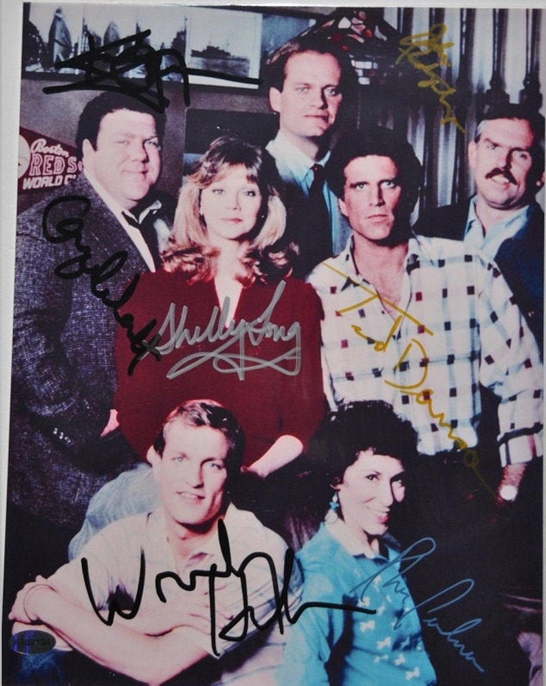 CHEERS CAST SIGNED Photo Poster painting X7 Ted Danson, Shelley Long, Rhea Perlman, George Wendt, Woody Harrelson, and Kelsey Grammer wcoa