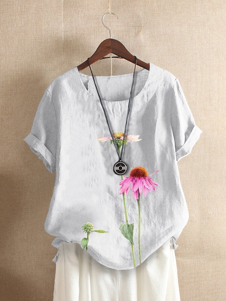 Flower Print O neck Short Sleeve Casual T Shirt For Women P1817519